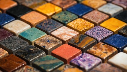 Close-up view of many small, square, colorful stone tiles (1)