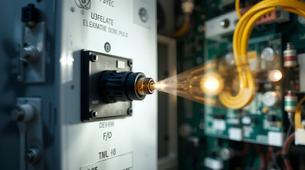 Close up view and low light. Side view of Electrode connection point. Electrical circuit board in the control cabinet.