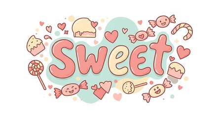 Whimsical Sweet Treats and Hearts Surround the Word Sweet in Delightful Illustration