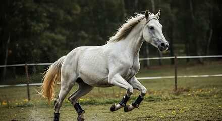 Fototapeta premium White Horse Galloping in a Green Pasture
