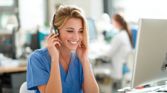 Female Healthcare Worker Wearing Headset at Computer - Powered by Adobe