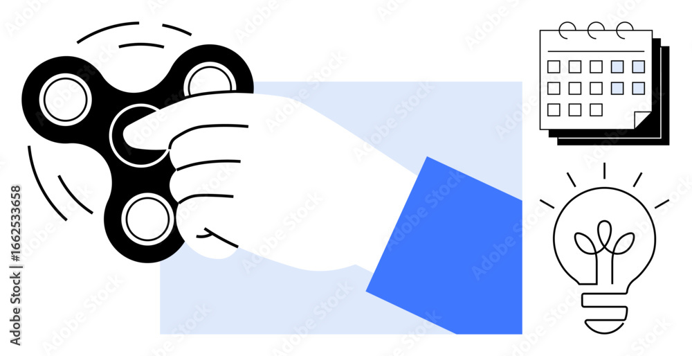 Poster hand using spinning fidget spinner, calendar for scheduling tasks, glowing lightbulb symbolizing ide