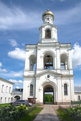 Fototapeta premium View of the bell tower of the ancient St. George Monastery. Veliky Novgorod, Russia