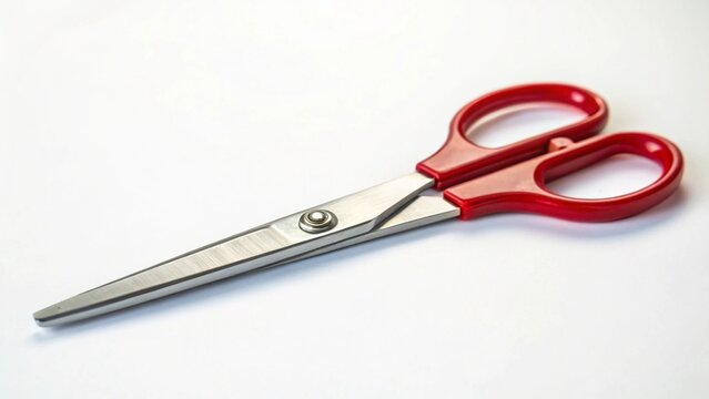 A sharp pair of stainless steel scissors with black plastic handles lies open on a white surface, ready to cut - Powered by Adobe