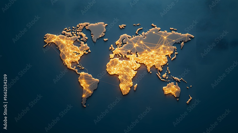Poster the image showcases a detailed 3d world map with illuminated golden network lines highlighting conne