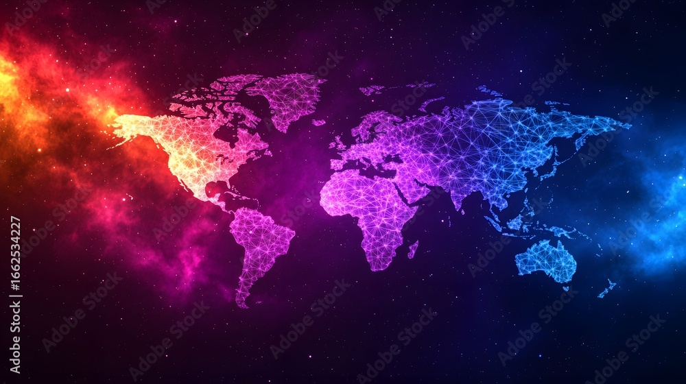 Aufkleber the image showcases a world map composed of interconnected lines and dots, set against a vibrant cos
