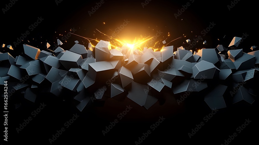 Aufkleber abstract image of shattered dark gray geometric shapes with a bright yellow light exploding from the