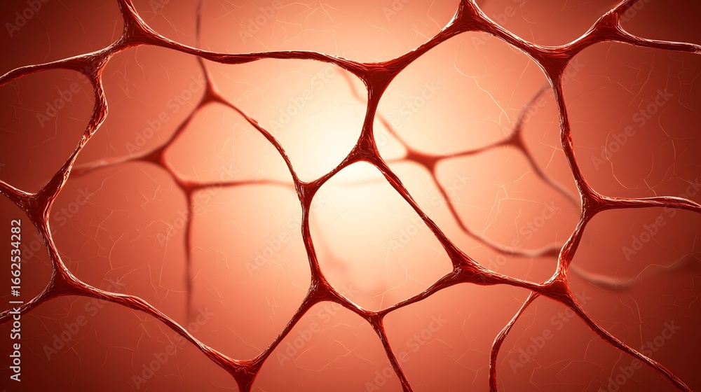 Poster the image shows a detailed and interconnected network of red, vein-like structures against a soft, c