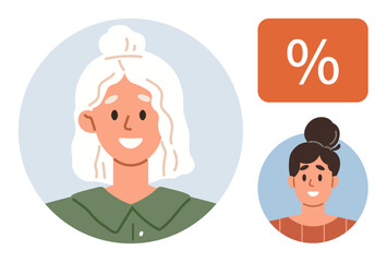 Two smiling women inside circular frames, one with white hair and one with dark hair. Orange percentage icon nearby. Ideal for teamwork, diversity, community, friendship, promotion, calculation