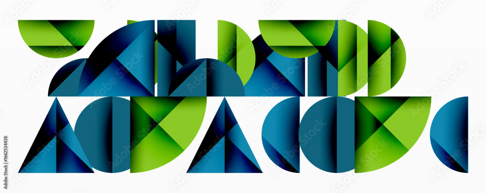 Poster abstract geometric composition. shapes overlap, creating dynamic visual pattern. blue, green, white 