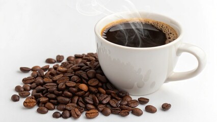 A close-up shot of a dark, roasted coffee bean with a hot, aromatic espresso drink in a white mug