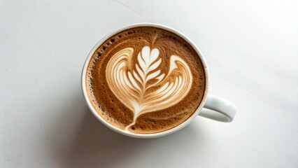A steaming hot cup of coffee, cappuccino, or latte sits on a table, with creamy foam art in the shape of a heart