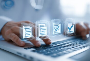 Close-up of a doctor's hands typing on a laptop, with holographic medical documents overlaying the keyboard