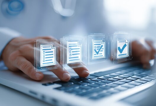 Close-up of a doctor's hands typing on a laptop, with holographic medical documents overlaying the keyboard - Powered by Adobe