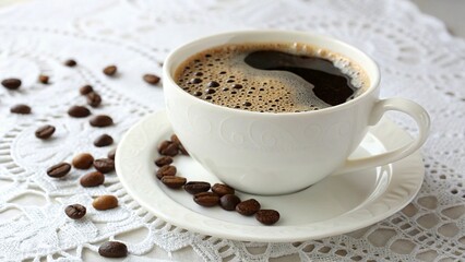 Brown roasted coffee beans fill a white mug, a hot morning beverage