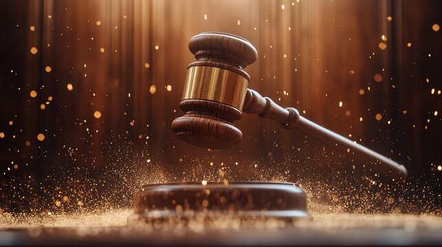 Wooden gavel suspended in air, dramatic lighting