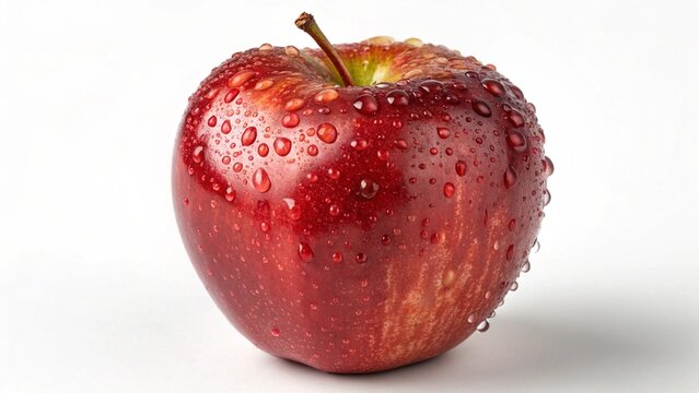 A vibrant, fresh red apple with water droplets isolated on a white background