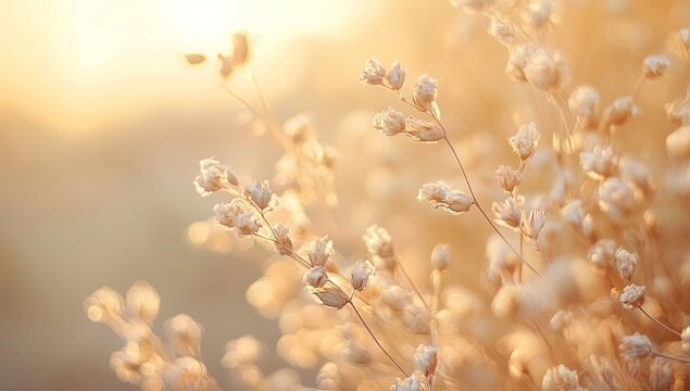 Golden, dried flowers in soft sunlight