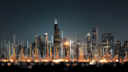 Fototapeta premium Night City Skyline with Glowing Data Lines