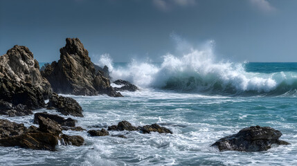 Obraz premium Ocean Waves Crashing Against Dark Rocks
