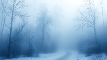 Naklejka premium A serene winter forest landscape with misty blue tones, evoking a peaceful and dreamy atmosphere.