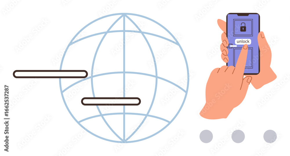 Poster hand interacting with smartphone to unlock screen, globe with connection lines. ideal for cybersecur
