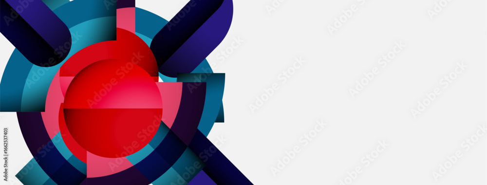 Poster abstract geometric shapes, vibrant colors, modern design. circles, squares overlap creating dynamic 
