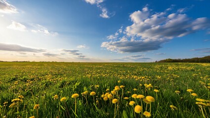 Flowers Background Serene Spring Meadow Landscape Dandelions in a Vast Green Field under a Blue Sky with Fluffy Clouds