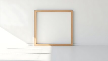 Minimalist wooden frame on a wooden floor against a white wall with soft shadow details.