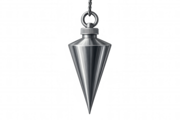 Metallic plumb bob suspended vertically, precision measuring tool for construction professionals against transparent backdrop