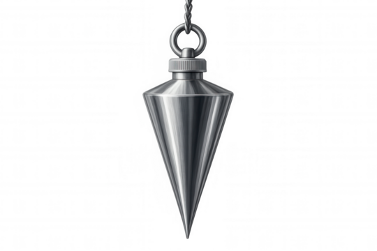 Metallic plumb bob suspended vertically, precision measuring tool for construction professionals against transparent backdrop