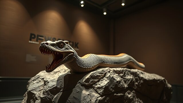 A fossilized two-headed serpent emerging dramatically from stone under museum lighting, evoking ancient mysteries.