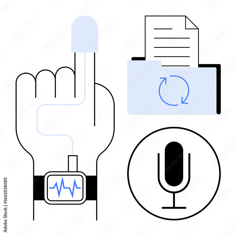 Poster hand with health tracker, folder with document sync icon, and microphone for voice input. ideal for 