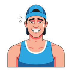 Tired Smile: An illustration of an athletic man wearing a cap and singlet with sweat beads, depicting exhaustion, effort and pride.