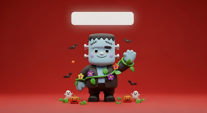 Playful Frankenstein's Monster with Floral Vine, Pumpkins, and Ghosts on Red Background