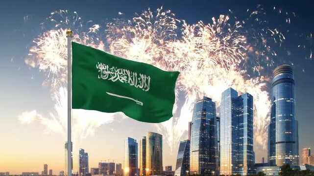 Saudi Arabia Flag Waving with Fireworks and Cityscape.