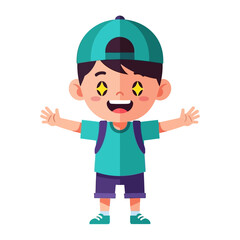 Excited Boy with backpack: An excited boy with a cap and backpack, expressing joy and energy with his arms wide open, illustrated in vibrant colours against a clean background.
