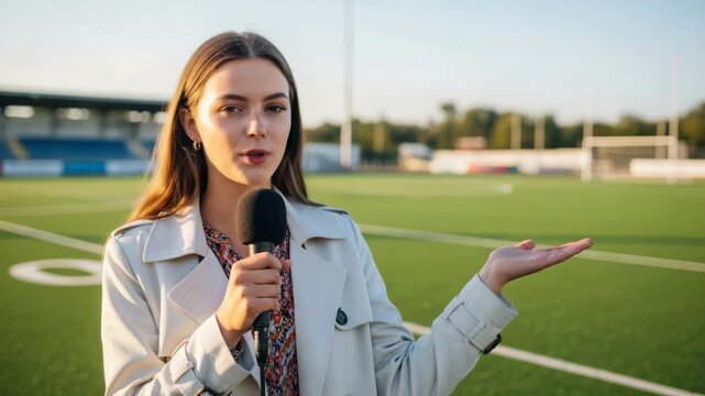 A female reporter holds a microphone and gestures with her hand on a sports field, ready to broadcast the news