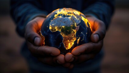 Earth globe held gently in dark hands
