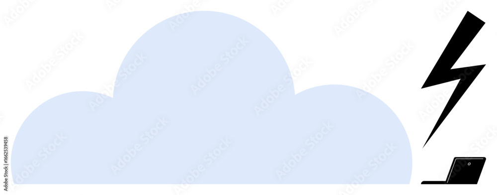 Poster large cloud with bold lightning bolt striking a laptop. ideal for data security, cloud computing, it