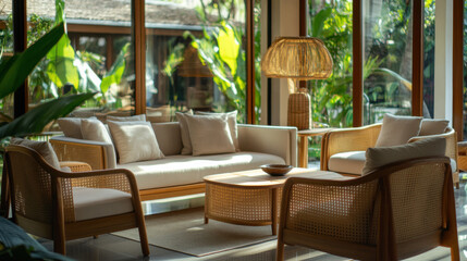 Fototapeta premium Elegant Indoor Lounge with Rattan Furniture and Large Windows