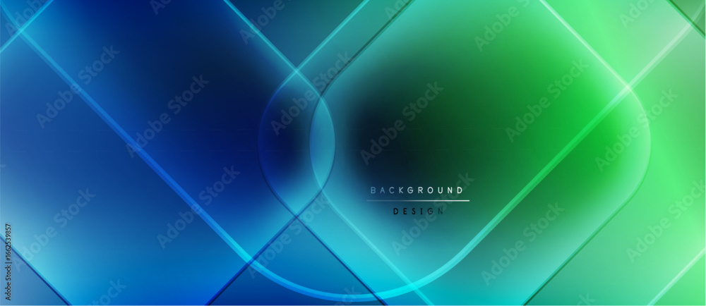 Poster abstract neon lines create dynamic geometric shapes. blue, green hues blend, forming modern backgrou