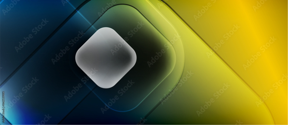Poster abstract composition featuring layered shapes, gradients. blue, yellow, green hues create dynamic vi