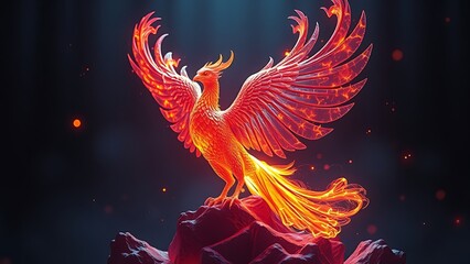 Obraz premium Molecular structure morphing into a fiery phoenix rising from scaled patterns.