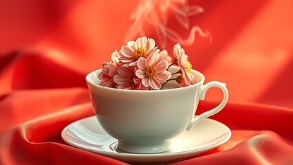 Delicate porcelain teacup with floating chrysanthemum blossoms, symbolizing Chinese tradition and autumn beauty.