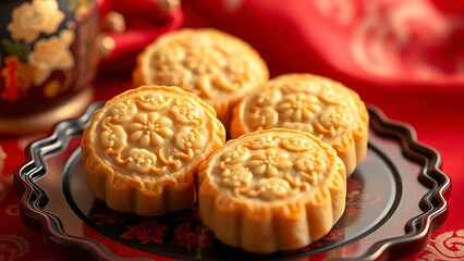 Traditional mooncakes on a lacquered tray with floral patterns, symbolizing Chinese cultural heritage.