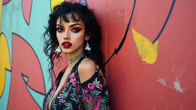 Young Hispanic woman with curly black hair and bold makeup poses against a colorful mural. She wears a floral top and statement earrings.