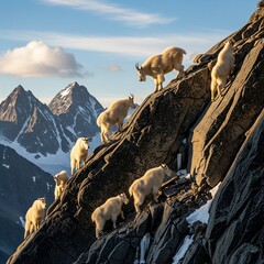 Mountain goats navigating a steep cliff face during sunrise, showcasing their agility and strength