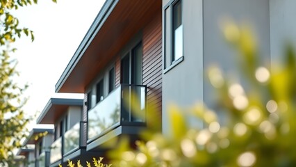 Modern housing facade with clean lines and blurred greenery in the foreground.