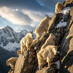 Mountain Goats Navigate Rocky Terrain Against a Stunning Mountain Backdrop